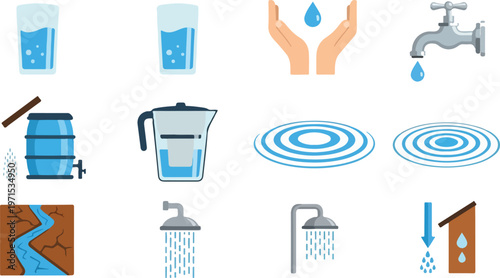 Water saving icons, clean water, tap, faucet, barrel, pitcher, ripple, shower, cracked earth, water drop.