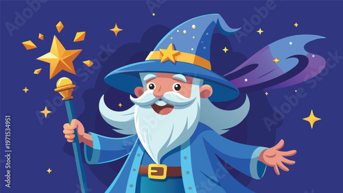 Friendly blue wizard casting a sparkling spell whimsical magical character illustration for kids and fantasy themes