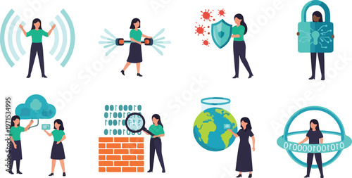 Woman engaged in wireless connection cybersecurity data protection global internet privacy and digital network technology concepts.