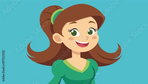 Friendly young woman avatar with green headband and bright smile cheerful flat vector portrait on teal background