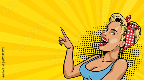 Pop Art Blonde Woman with Headscarf Pointing Up - Girl with Open Mouth on Yellow Sunburst Background