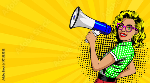  Pop Art Blonde Woman with Glasses Holding Blue Megaphone - Girl with Green Polka Dot Shirt on Yellow Sunburst Background