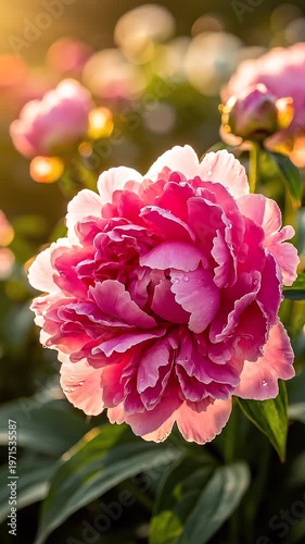 Pink Peony Flower in Blooming Garden at Sunset