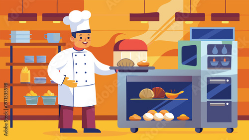 Smiling baker presenting a freshly baked loaf in a warm, cozy bakery kitchen friendly chef character illustration