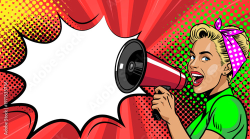 Pop Art Blonde Woman with Headscarf Holding Black Megaphone - Girl with Blank Speech Bubble on Red Sunburst Background