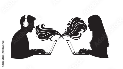 Silhouettes of a man and woman using laptops with abstract shapes representing communication and ideas flowing between them.