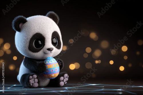 Charming panda cub embraces easter egg: seasonal delight. Digital network. Captivating easter scene: panda cub, bright egg, and flower field. Tech innovation. Global network.