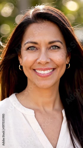 Portrait of a smiling woman outdoors in natural light, with long dark hair and casual white top, surrounded by blurred greenery