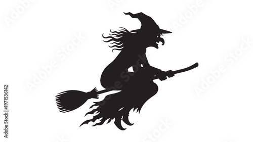 Witch silhouette flying on a broomstick with flowing hair and tattered robes, isolated on white background, perfect for Halloween decorations and