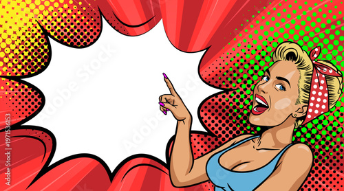 Pop Art Blonde Woman with Headscarf Pointing Up - Girl with Blank Speech Bubble on Red Sunburst Background