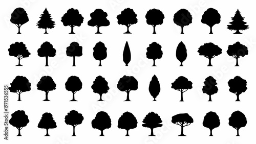 Collection of various black silhouette trees arranged in multiple rows