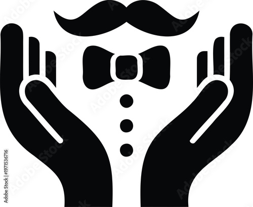 Black silhouette of hands presenting a mustache bowtie face on white background