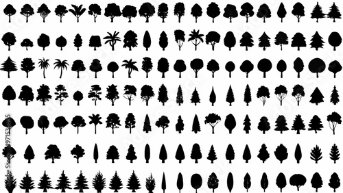 Collection of diverse tree silhouettes in a grid arrangement
