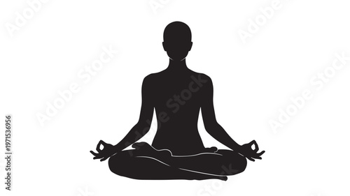 Silhouette of a person meditating in a lotus pose with hands in Gyan Mudra gesture, symbolizing peace and balance.
