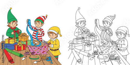 Three Little Christmas Elves Wrapping Holiday Gifts and Presents, Colored and Black and White Line Art Vector Set for Kids Coloring Book