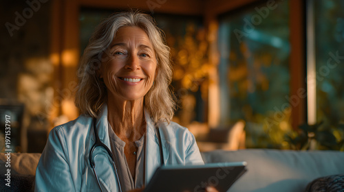 Smiling senior woman using a tablet in a cozy home interior, creating a warm lifestyle scene with digital connection, comfort, and joyful everyday technology use.