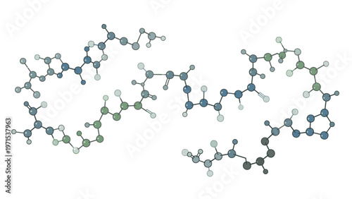 Three-dimensional molecular structure model with blue, green, and gray atoms and bonds on a white background with a scientific and complex mood.