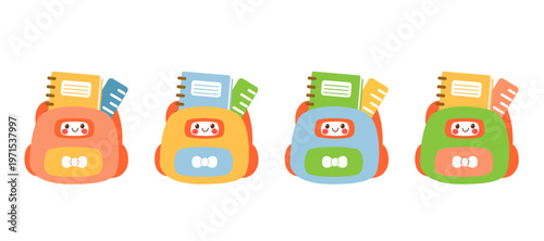 Collection of cute cartoon backpacks with colorful school supplies. Happy smiling bags and stationery characters for kids education.
