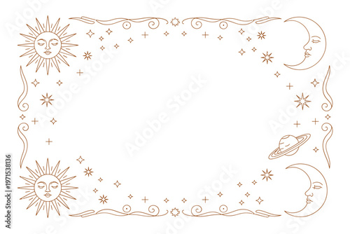 Celestial frame featuring sun moon planets and decorative stars