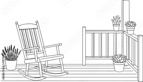 Porch scene line art with rocking chair and potted plants minimal outdoor home illustration vector design