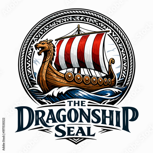 Epic Dragonship Seal featuring a Norse Viking longship with a dragon prow, symbolizing Scandinavian exploration, maritime strength, and ancient Nordic mythology in a circular badge