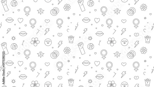 Black and white pattern featuring feminist symbols flowers and abstract shapes