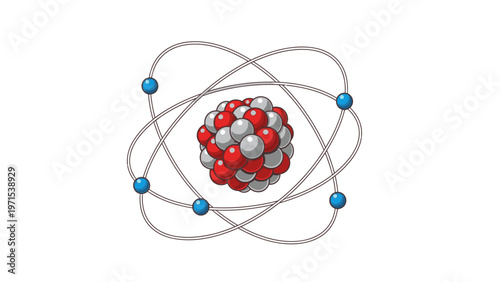 Illustration of a detailed atomic structure model with red, gray, and blue spheres on curved lines against a white background.