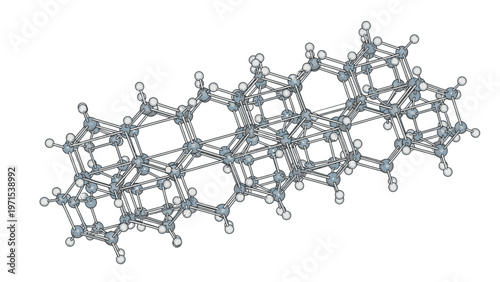 Molecular structure model with interconnected gray atoms and bonds on a white background in a scientific illustration.