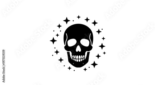 Mystical black skull icon framed by a shimmering halo of stars, a compelling graphic symbol for themes of enigma, the cosmos, and magical allure
