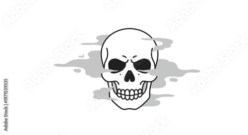 A stylized illustration of a skull with smoke or mist emanating from it, conveying a sense of mystery or danger