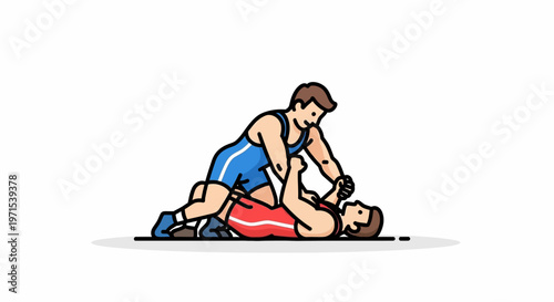 Illustration of two male wrestlers grappling on the mat during a wrestling match, showcasing strength and technique in the sport