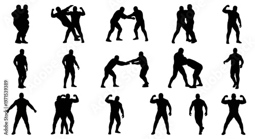 Dynamic Silhouettes of Grappling Athletes and Muscular Figures Illustrating Intense Combat, Strength Training, and Sportsmanship, Capturing Raw Power and Athleticism