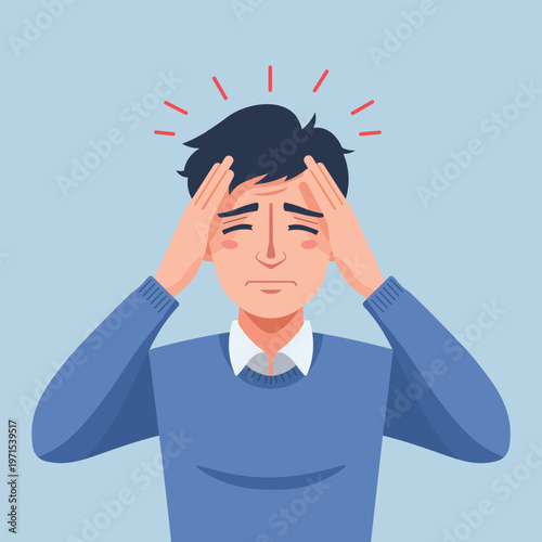 Man Suffering from Headache Migraine Pain Flat Vector Illustration