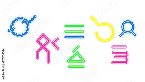 Neon-colored mathematical and astronomical symbols arranged on a white background in a flat lay composition with a vibrant and educational mood.