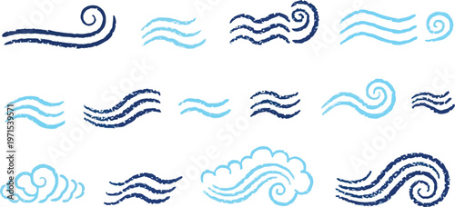 This image features a diverse set of blue wave and wind icons, each with its own unique style and design. The icons are arranged on a clean white background, making them perfect for use in various 