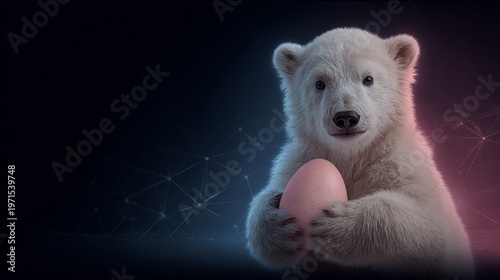 Cute and cuddly easter joy featuring a polar bear cub. Ai framework. Polar bear cub cradling an easter egg with a simple background. Smart technology. Tech innovation.