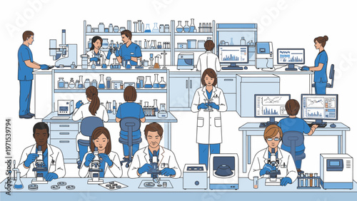 Illustration of diverse scientists and researchers working together in a laboratory setting with various equipment and computers.