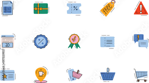 Set of commerce and shopping icons in flat doodle style with document gift box and discount coupon.