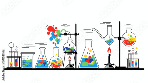Illustration of a colorful laboratory setup with various scientific equipment including beakers and test tubes on a shelf with a white background.