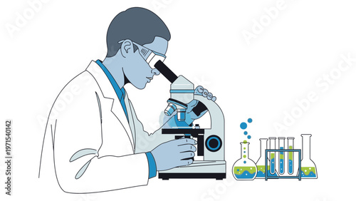 A scientist in a white lab coat examines a sample through a microscope with various laboratory equipment on a table in a clean and minimalist setting.