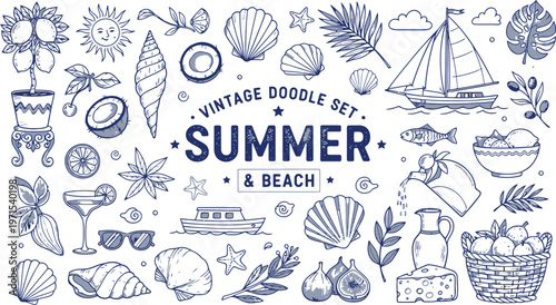 Vintage summer beach doodles a hand drawn collection of coastal elements