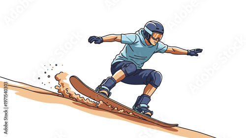 A person wearing protective gear snowboarding down a slope on a brown snowboard against a white background.