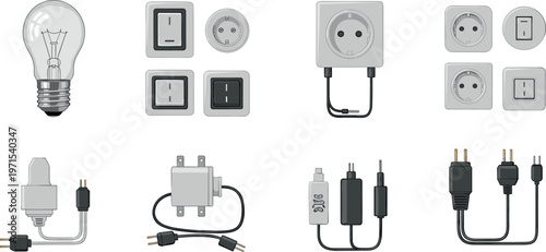 Electrical equipment collection with light bulb switches sockets plugs and adapters vector illustration set
