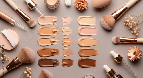 Diverse foundation shades and makeup brushes a comprehensive color range for all skin tones