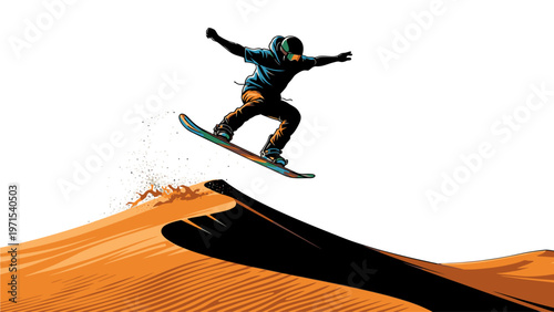 Snowboarder in a blue jacket jumping off a sand dune with arms outstretched against a white background.
