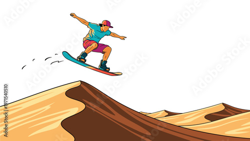 A cartoon man wearing a blue shirt and pink shorts snowboarding down a brown and beige hill against a white background with a dynamic motion effect.