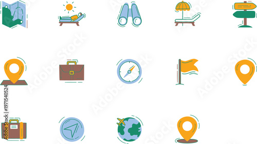 Travel and tourism flat icons set with maps binoculars luggage and navigation symbols.