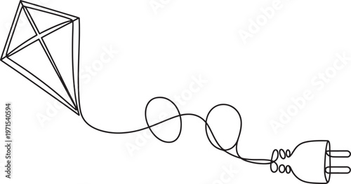 Continuous line of a kite flying in the sky with a long cord that transforms into an electrical power plug on a white background representing green energy and wind power concepts
