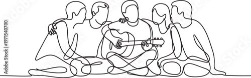 Continuous single line of a group of friends sitting together and playing acoustic guitar representing music friendship social gathering and leisure time isolated on a white background for