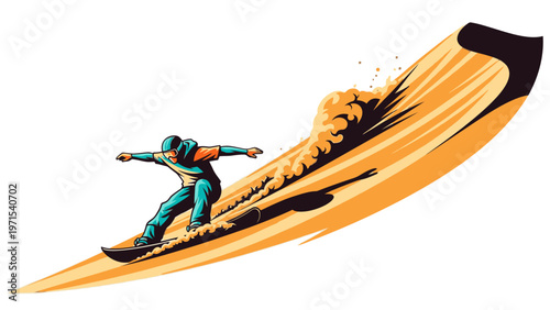 A surfer in a teal wetsuit rides a wave with orange spray against a white background in a dynamic illustration.